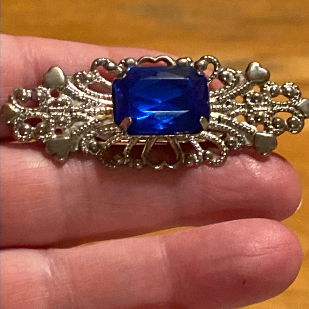 Vintage Silver Brooch with Blue Gem